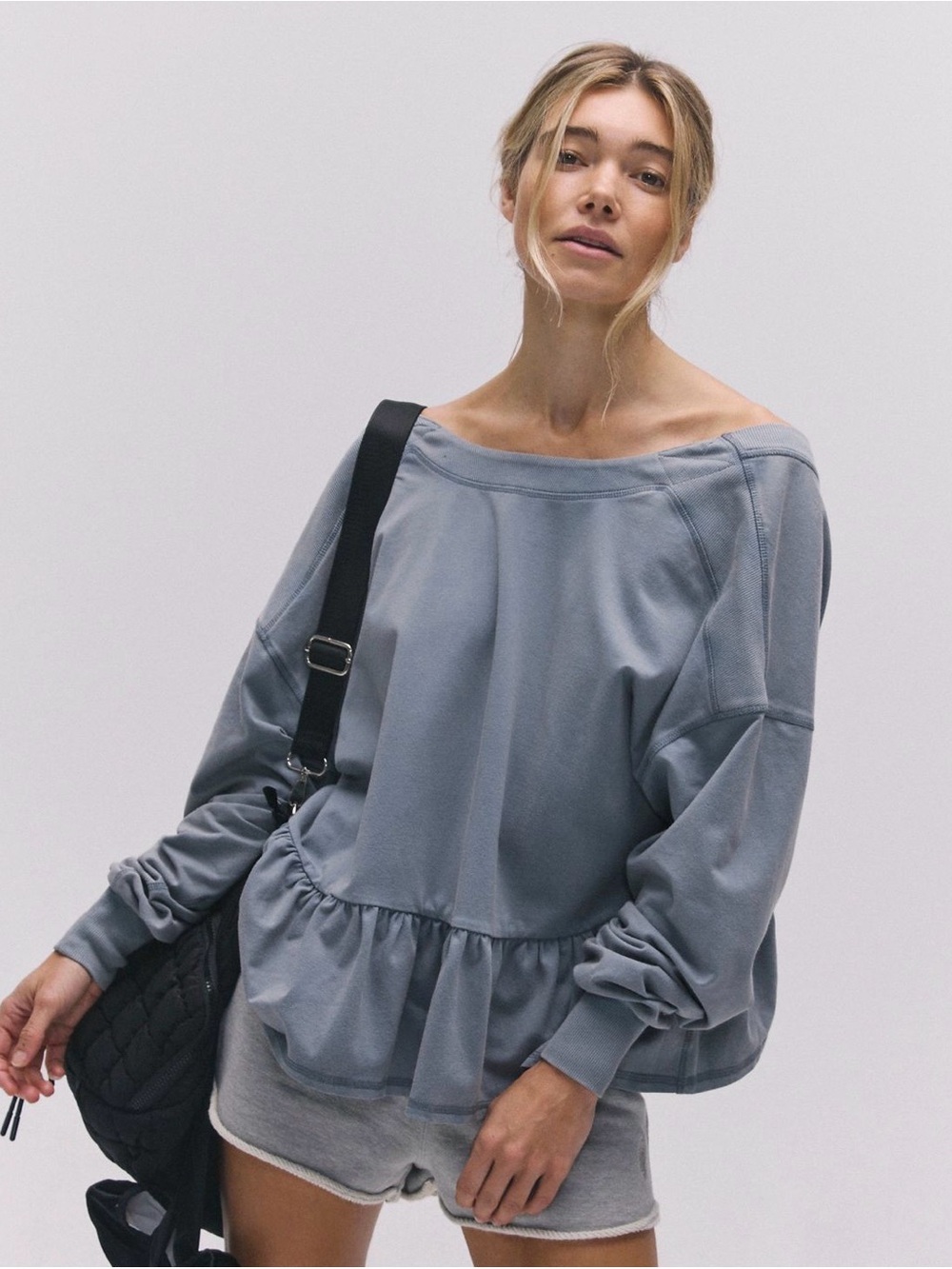 Free People Off-Shoulder Ruffle-Hem Sweatshirt in Slate - Picture 2 of 6